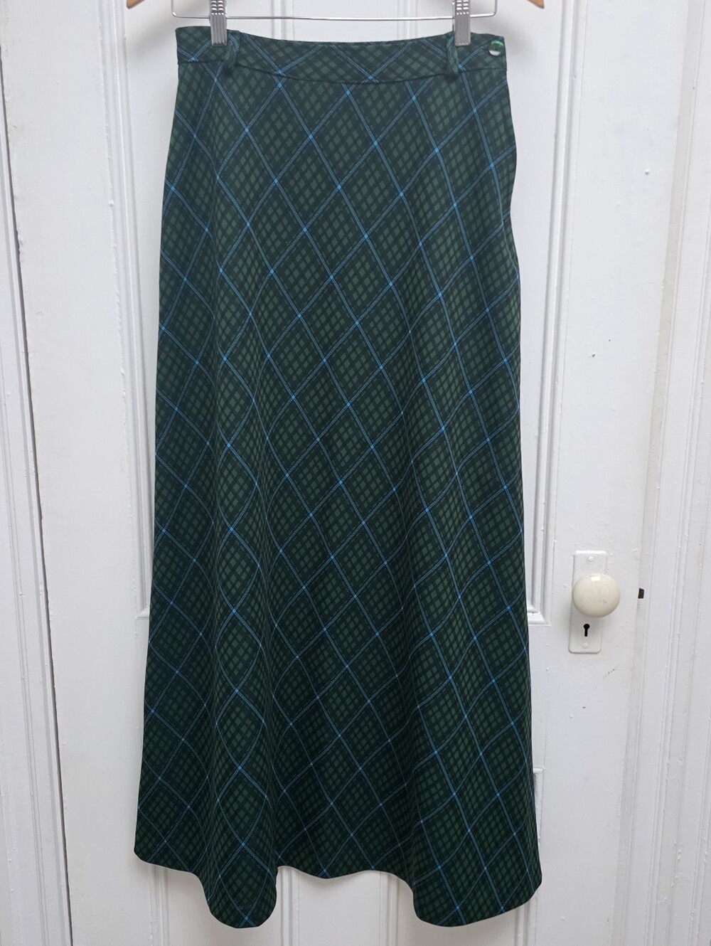 Vintage Green & Blue Geometric Windowpane Knit Maxi A-Line Skirt Sz Med side zip